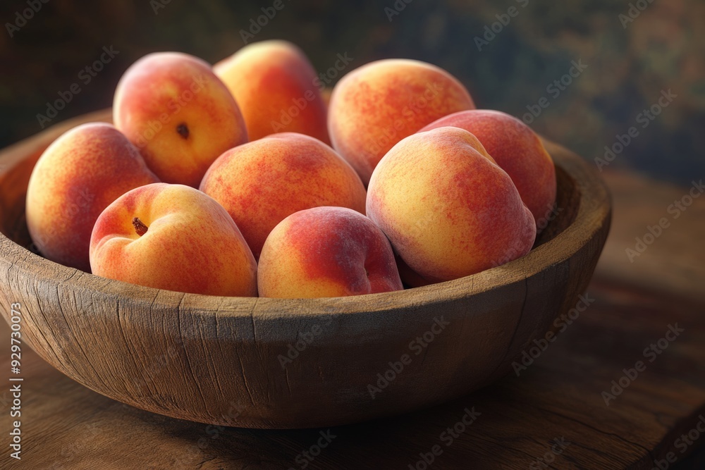 A wooden bowl filled with fresh, ripe peaches sits on a rustic table, evoking a sense of natural simplicity and wholesome goodness.