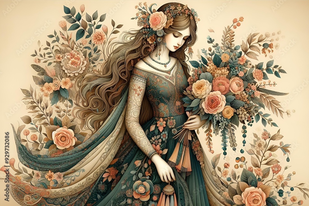 Fototapeta premium Whimsical Folk Botanical Art of a Girl in a Long Dress with a Flower Bouquet – Detailed Illustration for Floral-Themed Art and Decorative Home Accents