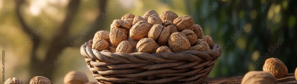 Basket filled with fresh, whole walnuts surrounded by a nature background, perfect for culinary or health-related use. Basket filled with fresh, whole walnuts surrounded by a nature background, perfect for culinary or health-related use.