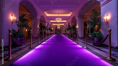 Elegant purple carpet hallway with chandeliers and luxury plants on the sides