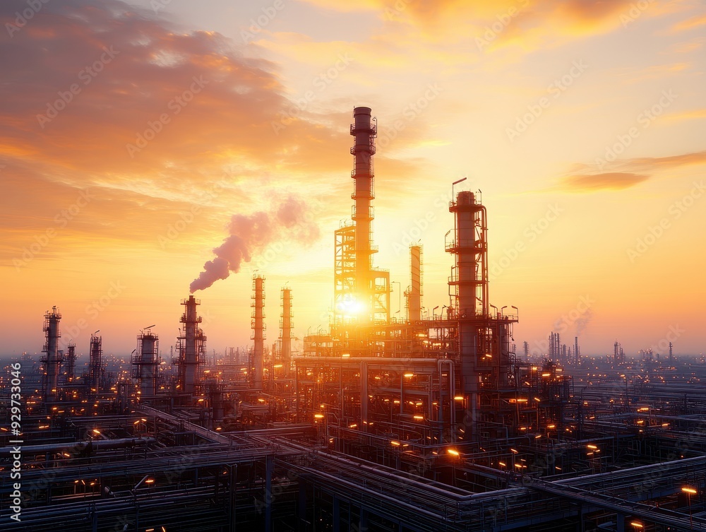 Dramatic sunset behind a sprawling industrial complex, highlighting smokestacks and energy production in an urban landscape. Dramatic sunset behind a sprawling industrial complex, highlighting smokestacks and energy production in an urban landscape.