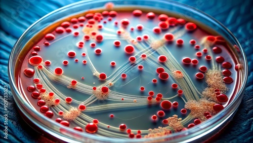 Microscopic view of Serratia marcescens bacteria, a gram-negative rods species, causing nosocomial infections, shown in a petri dish with red pigment production.