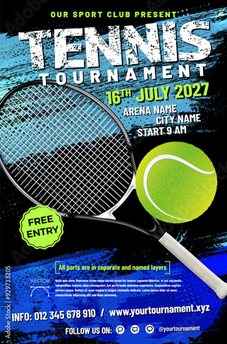 Tennis tournament poster template with green ball, racket and sample text