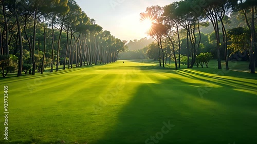 Beautiful golf course with lush green fairway and tall pine trees photo