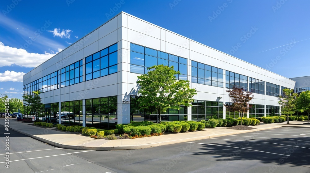 Modern Office Building with Glass Windows and Landscaping Modern Office Building with Glass Windows and Landscaping