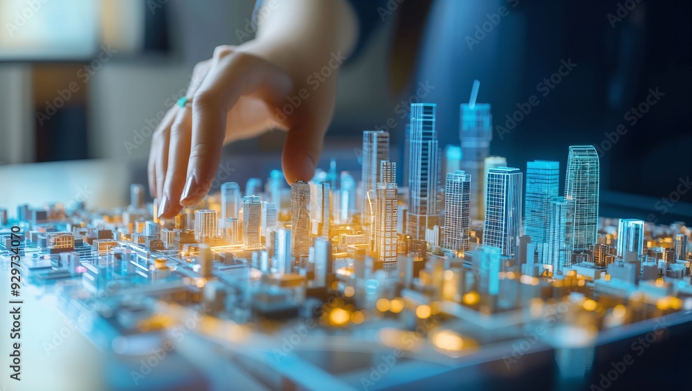 Obraz premium Crafting Tomorrow's Urban Landscape: A Hand Interacting With a Detailed Scale Model of a City, Illuminating Future Possibilities and Urban Design Innovations