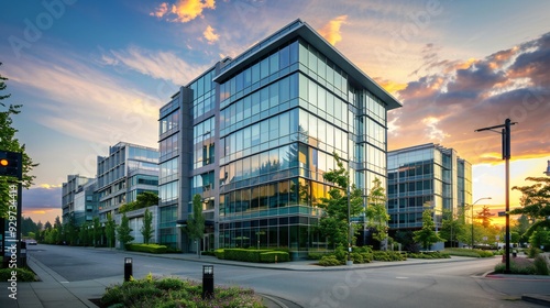 Modern Glass Office Buildings at Sunset