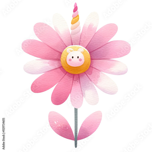 Whimsical pink flower with a cute animal face at its center and delicate petals. Perfect for a cheerful and playful design element.