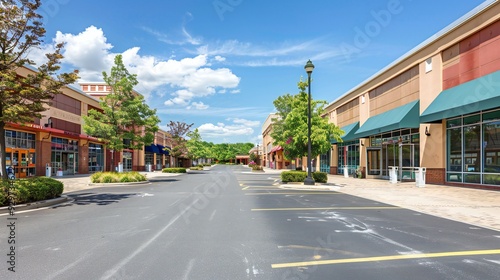 Empty Street in Front of Brick and Glass Storefronts