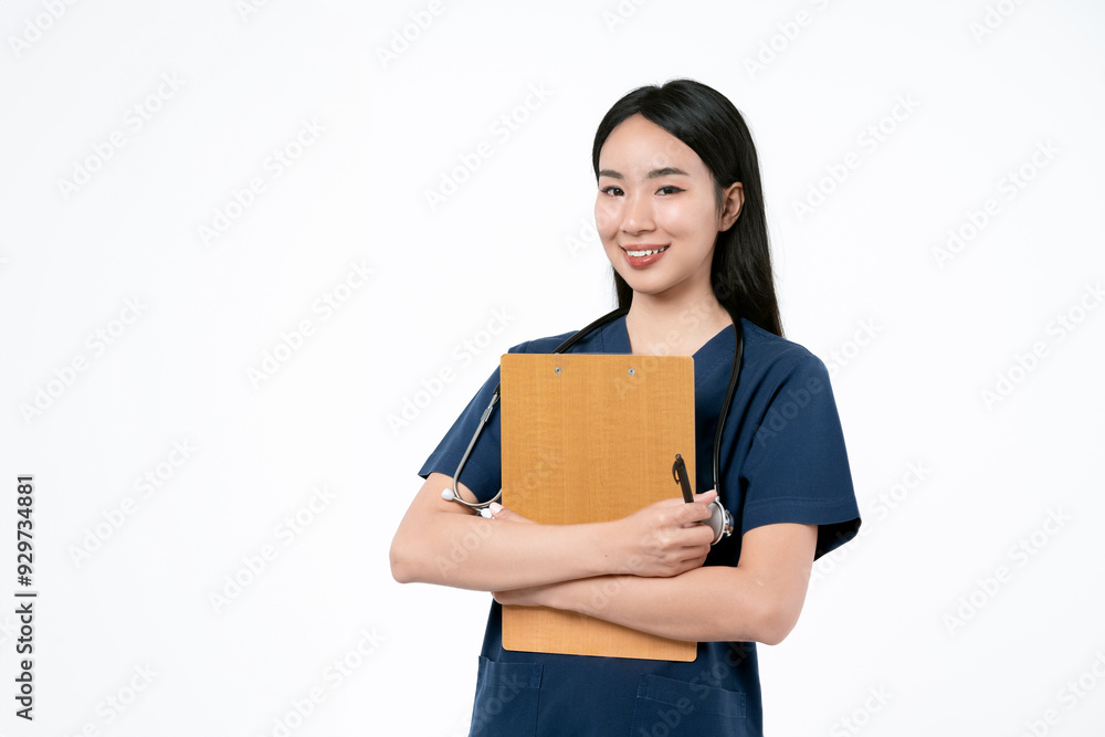 Young asian female doctor in uniform and stethoscope smiling and looking at camera while standing with clipboard in hands on white background. Healthcare and medical concept. Young asian female doctor in uniform and stethoscope smiling and looking at camera while standing with clipboard in hands on white background. Healthcare and medical concept.
