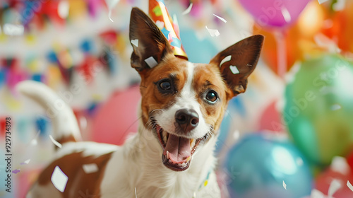 Happy cute dog celebrating at a birthday party