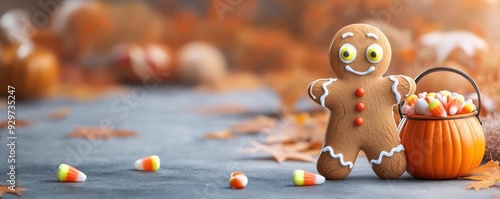 A spooky gingerbread man with candy corn eyes holding a pumpkinshaped candy bucket, Halloween, Candyland, cute and spooky candy character design photo