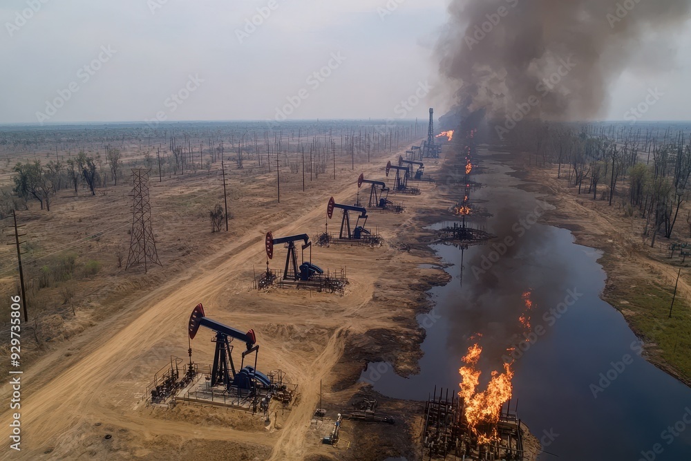 Aerial view of an oil field burning amidst environmental devastation ...