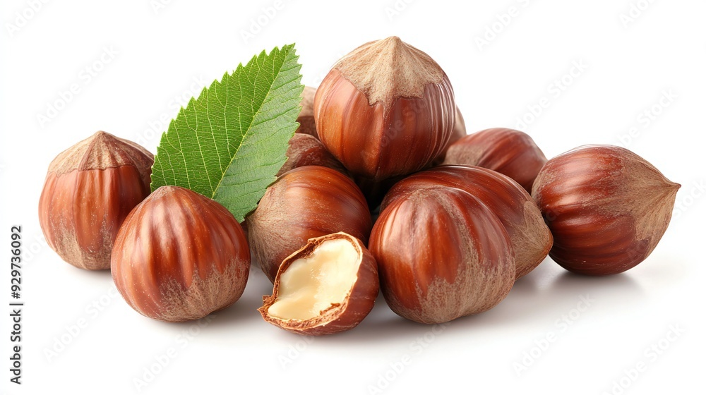 A Group of Hazelnuts with a Green Leaf A Group of Hazelnuts with a Green Leaf
