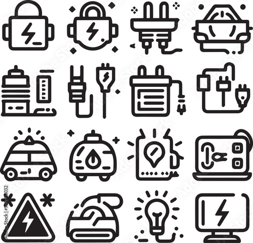 Electricity line icon vector set, Power, plug, battery, car, warning sign, lamp vector icon