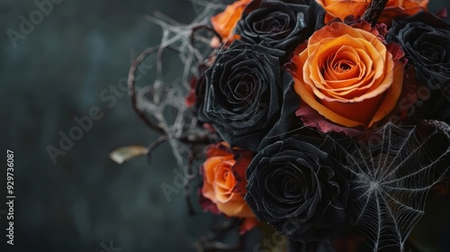 Elegant black and orange roses intertwined with cobwebs, creating a Halloweeninspired bouquet, Halloween, Floral, gothic floral arrangements photo