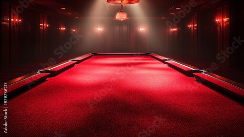 Luxurious billiard room with a red pool table in the center