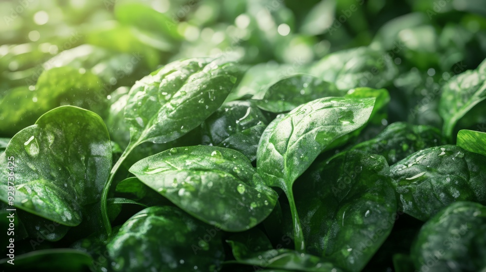 Close-up of fresh green spinach leaves covered in water droplets, showcasing their lush texture and vibrant color. Close-up of fresh green spinach leaves covered in water droplets, showcasing their lush texture and vibrant color.