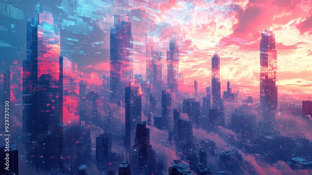 Fototapeta premium Futuristic Cityscape with Pink and Blue Digital Overlay