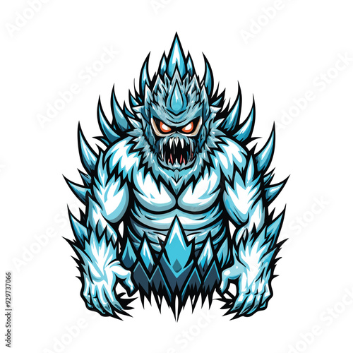 A towering ice monster with crystalline spikes,  its body a swirling blue and white, frozen breath forming a mist around it.