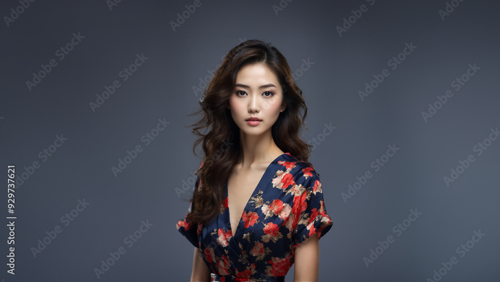 Stunning portrait of a young Japanese woman exuding natural beauty. Brunette hair and flawless skin complement her captivating gaze. Studio shot with copy space, ideal for beauty and fashion Stunning portrait of a young Japanese woman exuding natural beauty. Brunette hair and flawless skin complement her captivating gaze. Studio shot with copy space, ideal for beauty and fashion