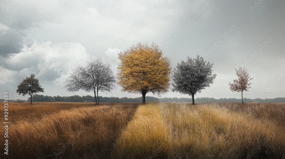 Fototapeta premium Five Trees in a Field with Cloudy Sky and Tall Grass