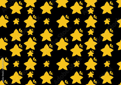 Yellow star doodle art seamless pattern on a black background. For cards, frames, posters, book covers, textiles, wallpaper, wrapping and fabric.