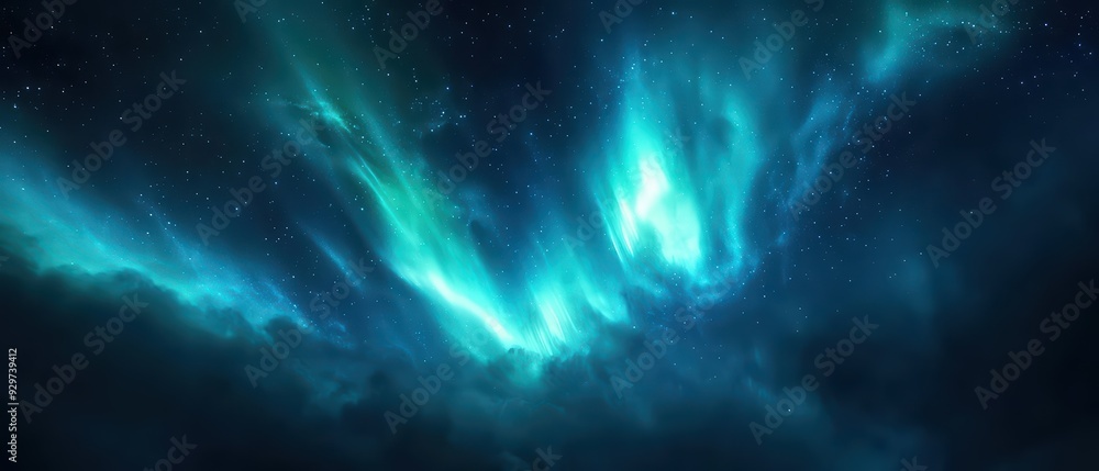 Fototapeta premium Blue Aurora Borealis Wallpaper. Northern Lights with shades of blue and teal dancing across a dark sky.