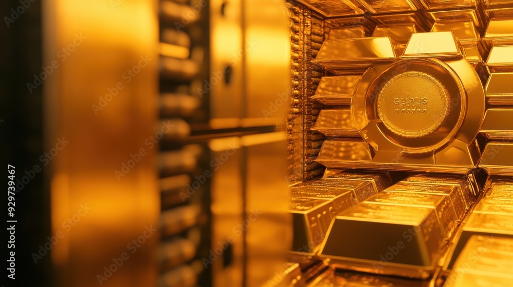 Gold bars stacked in a vault, wealth security, 3D illustration Gold bars stacked in a vault, wealth security, 3D illustration