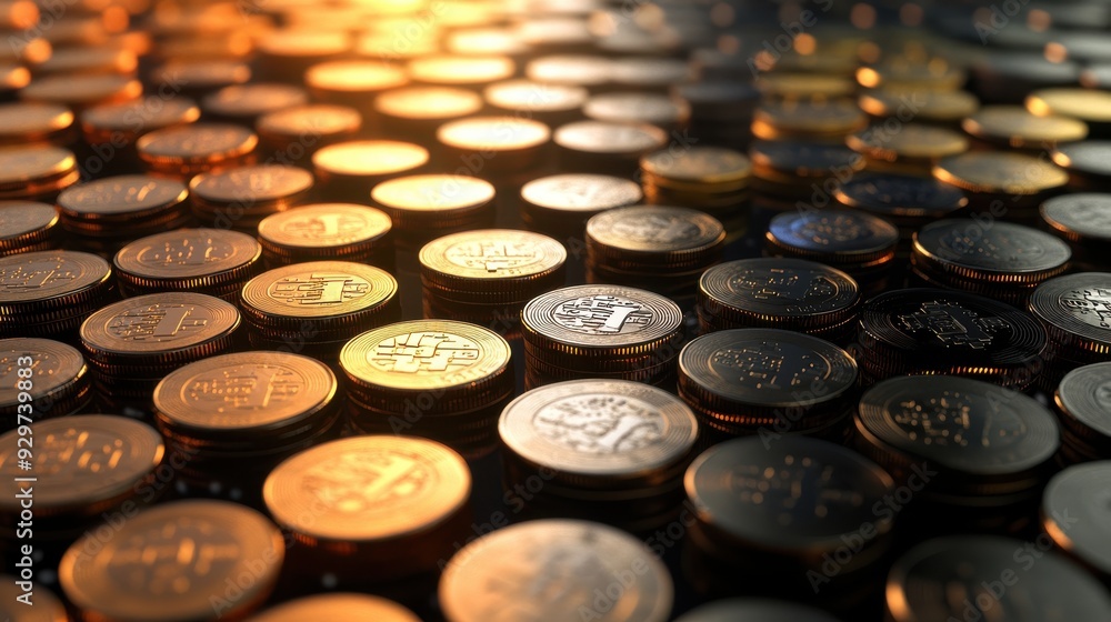 Coins arranged in a pattern on a financial chart, market visualization, 3D illustration Coins arranged in a pattern on a financial chart, market visualization, 3D illustration