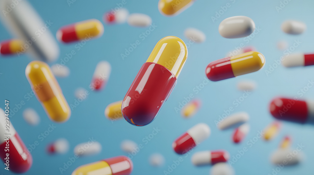 Colorful Pills and Capsules Floating on Blue Background Colorful Pills and Capsules Floating on Blue Background