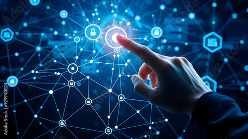 hand pushing a button on the touch screen interface Businesswomen is using a laptop to access the cloud computing system, cloud computing, big data, internet of things, business processes, 