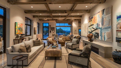 Cozy modern living room with artistic decor and large windows for natural light.