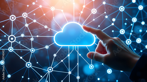 social network concept Businesswomen is using a laptop to access the cloud computing system, cloud computing, big data, internet of things, business processes, various storage systems