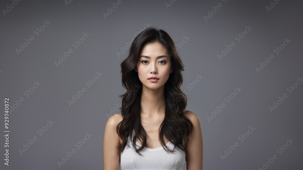 Radiant young Japanese woman with flawless skin and natural beauty. Brunette with neat hair, gazing confidently at camera. Studio shot, perfect for beauty and cosmetic campaigns Radiant young Japanese woman with flawless skin and natural beauty. Brunette with neat hair, gazing confidently at camera. Studio shot, perfect for beauty and cosmetic campaigns