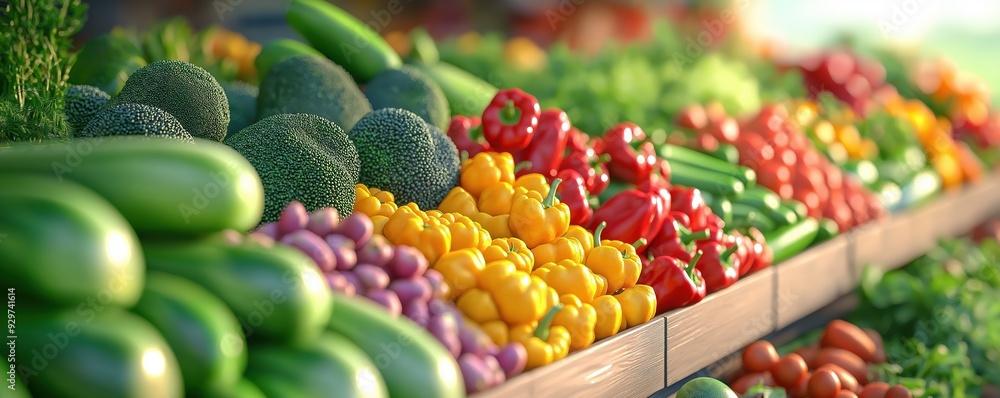 Organic vegetable market, stalls full of fresh produce, 3D illustration Organic vegetable market, stalls full of fresh produce, 3D illustration