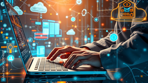 Businessperson is using a laptop to access the cloud computing system, cloud computing, big data, internet of things, business processes, various storage systems