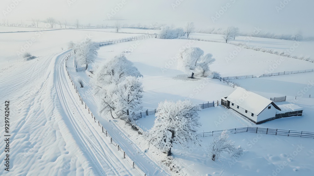 Present an aerial view of snowfall in a rural landscape, with fields and fences adorned with a layer of pristine white snow. Present an aerial view of snowfall in a rural landscape, with fields and fences adorned with a layer of pristine white snow.