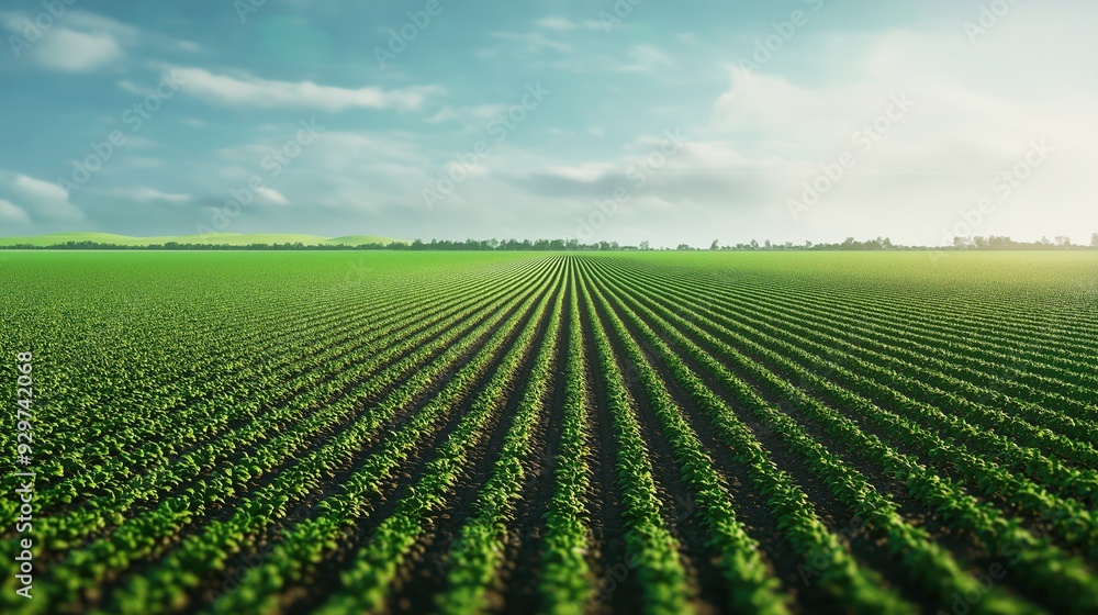 Organic farm, lush green fields with crops, 3D illustration