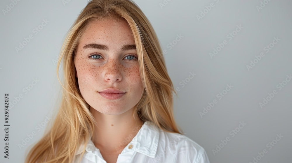 Fototapeta premium Close-up of a young woman with natural makeup and freckles.