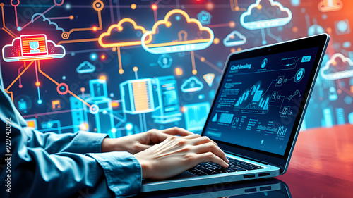 Businessperson is using a laptop to access the cloud computing system, cloud computing, big data, internet of things, business processes, various storage systems