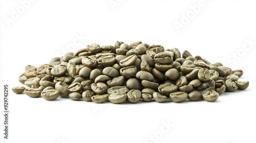 a pile of green coffee beans on a white background