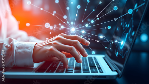 Businessperson is using a laptop to access the cloud computing system, network computing, big data, internet of things, business processes, various storage systems