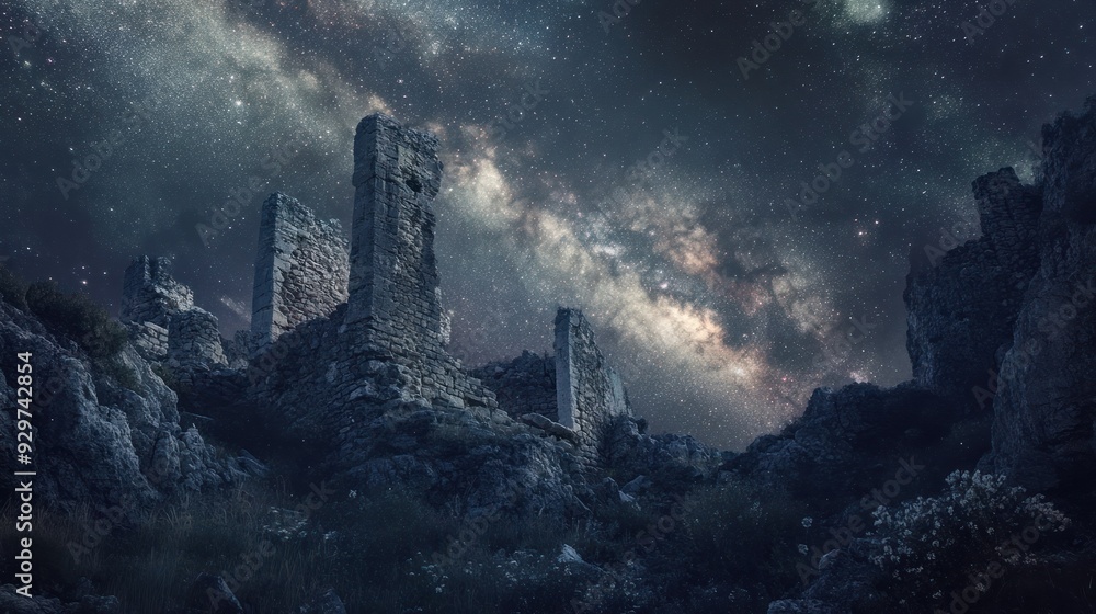 Fototapeta premium Ancient Stone Ruins Under a Starry Night Sky