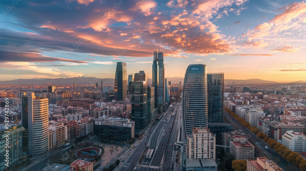 Obraz premium Present an expansive view of Madrid's financial district, highlighting its sleek office towers and bustling business activity from above.