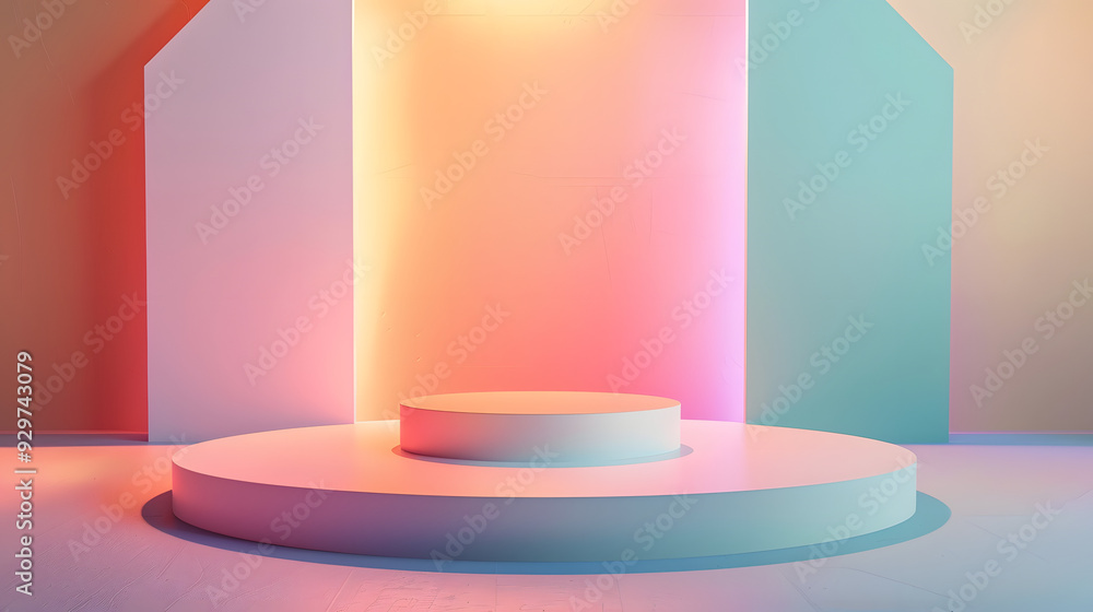 Geometric Podium with Sharp Angles on Bright Pastel Background Geometric Podium with Sharp Angles on Bright Pastel Background