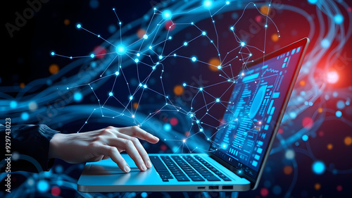 Businessperson is using a laptop to access the cloud computing system, network computing, big data, internet of things, business processes, various storage systems