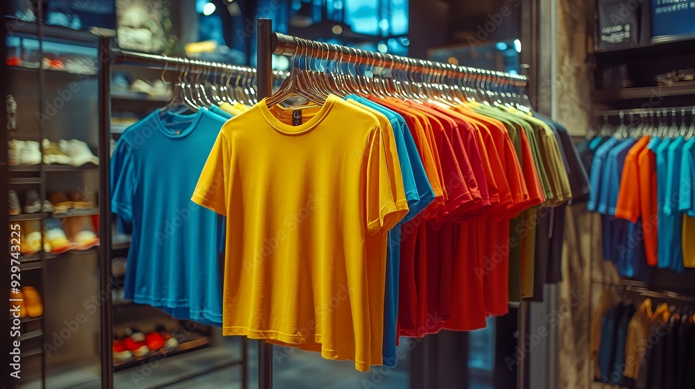 Fototapeta premium Display of colorful t-shirts arranged in a retail store.