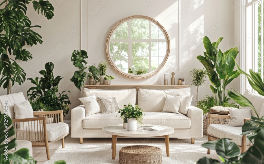 Eco-friendly living room interior with a white sofa, armchairs Eco-friendly living room interior with a white sofa, armchairs