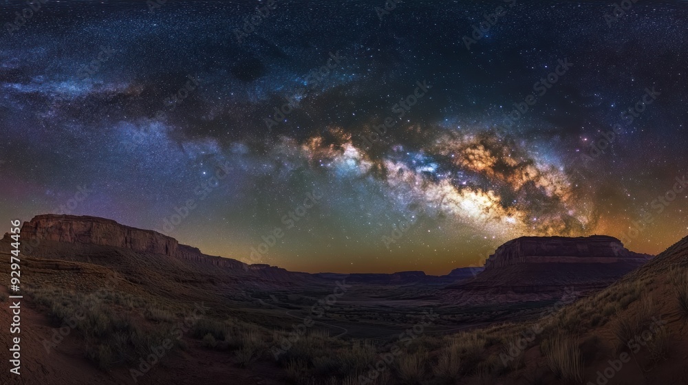 Milky Way Galaxy over Canyon Cliffs and Desert Landscape Milky Way Galaxy over Canyon Cliffs and Desert Landscape